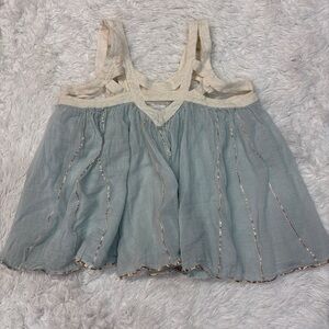 Free People Light Blue and Cream Sleeveless Cotton Boho Blouse